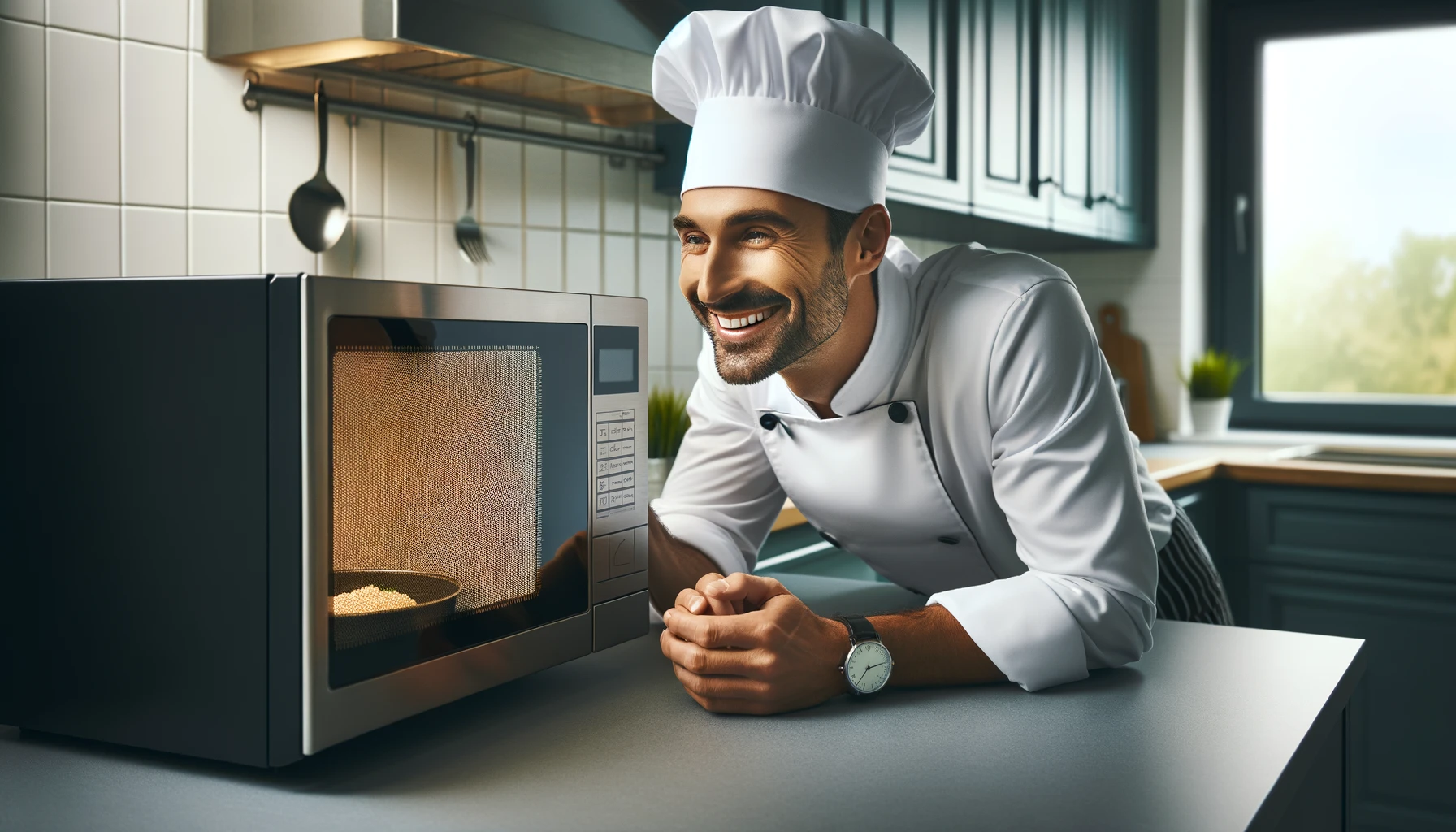 chef showing how to make a gourmet meal in a microwave
